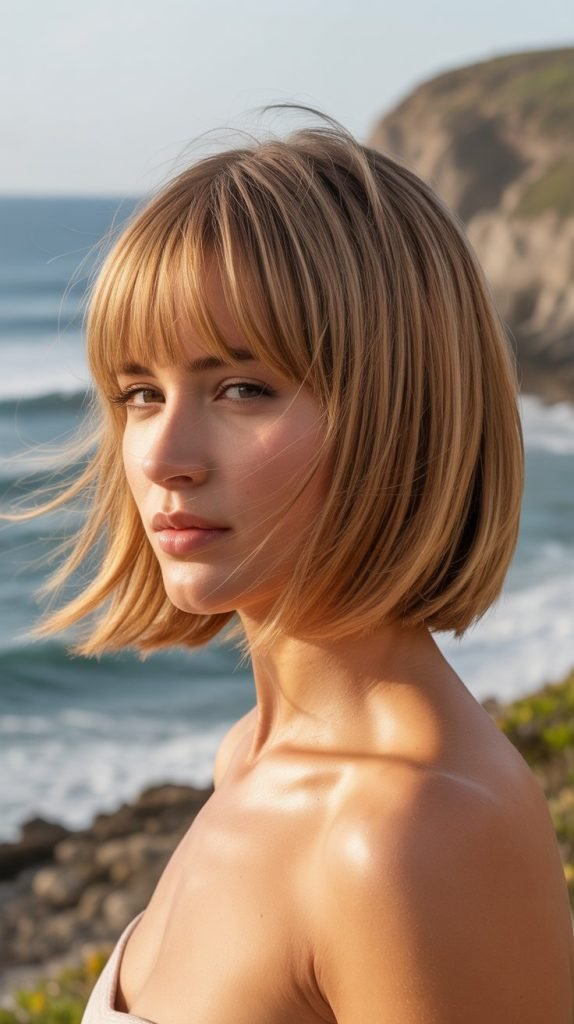 6. Sandy Blonde Bob with Layered Curtain Bangs