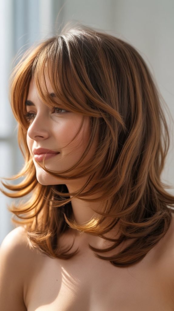 5. Layered Long Bob with Feathered Curtain Bangs