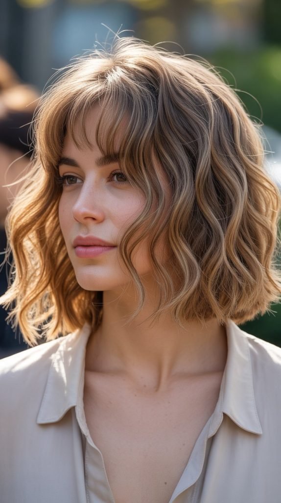 Textured Wavy Long Bob with Soft Curtain Bangs