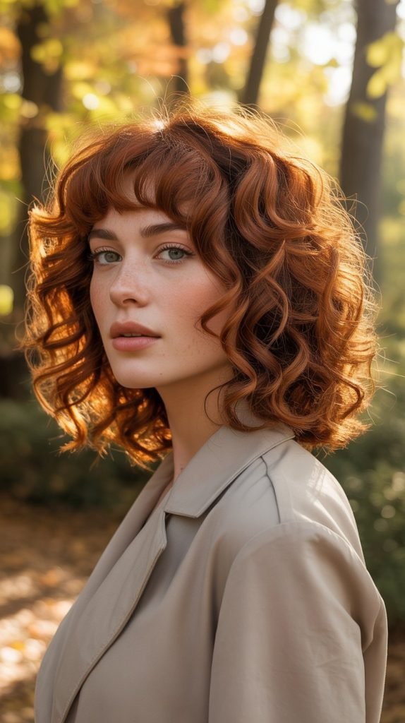  Auburn Curly Bob with Curtain Bangs