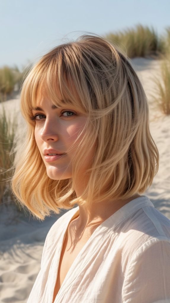 24. Toasted Coconut Blonde Lob with Curtain Bangs