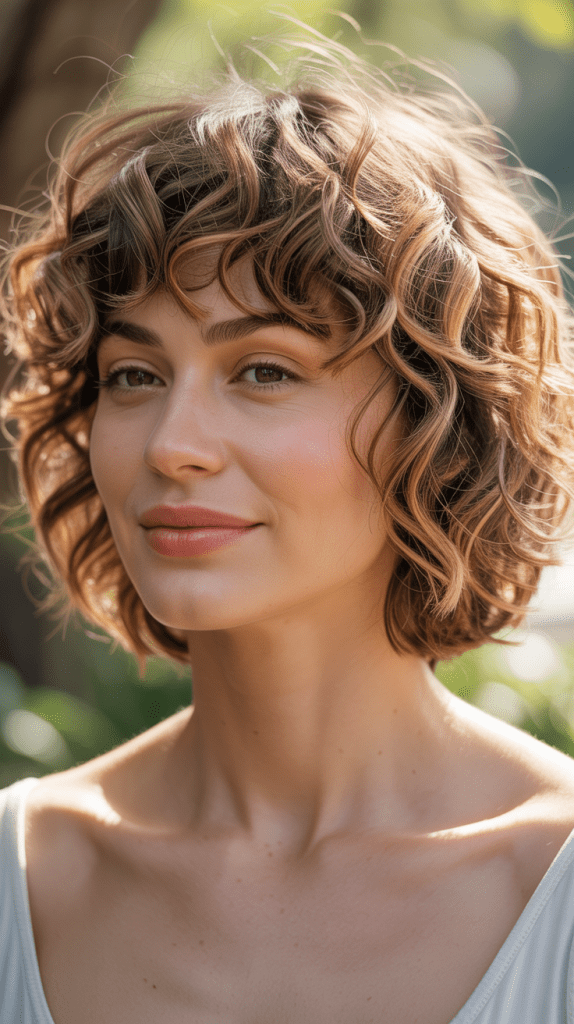 Tousled Curly Bob with Feathered Bangs