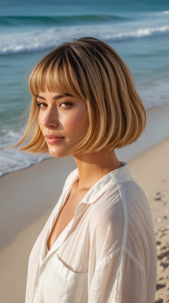 21. Toasted Coconut Blonde Bob with Curtain Bangs