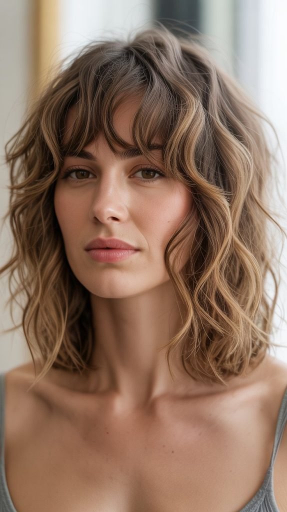 16. Tousled Wavy Long Bob with Curtain Bangs