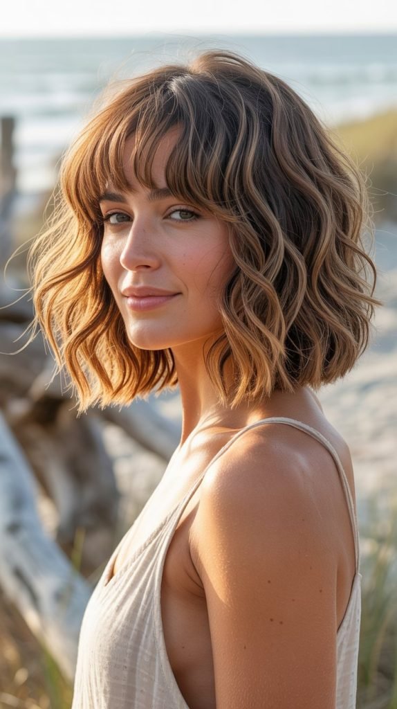 2. Beachy Waves Long Bob with Wispy Curtain Bangs