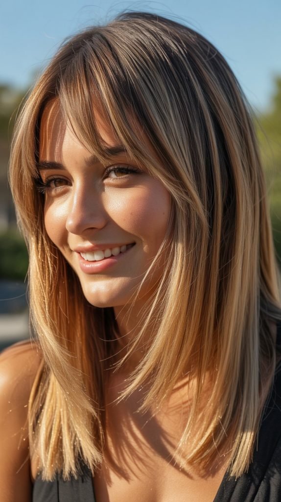 9. Balayage Long Bob with Piecey Bangs