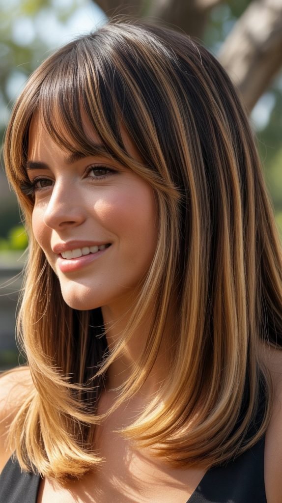 . Balayage Long Bob with Curtain Bangs