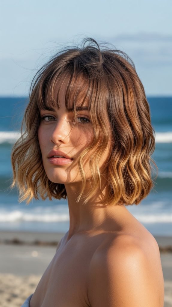 Beachy Waves Long Bob with Curtain Bangs