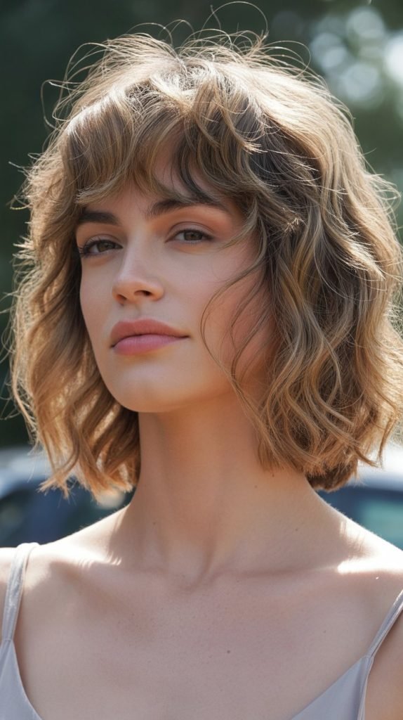 Textured Wavy Long Bob with Soft Curtain Bangs