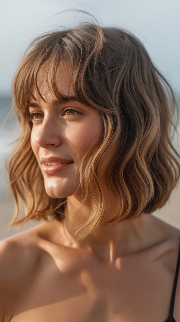 Wavy Long Bob with Soft Curtain Bangs