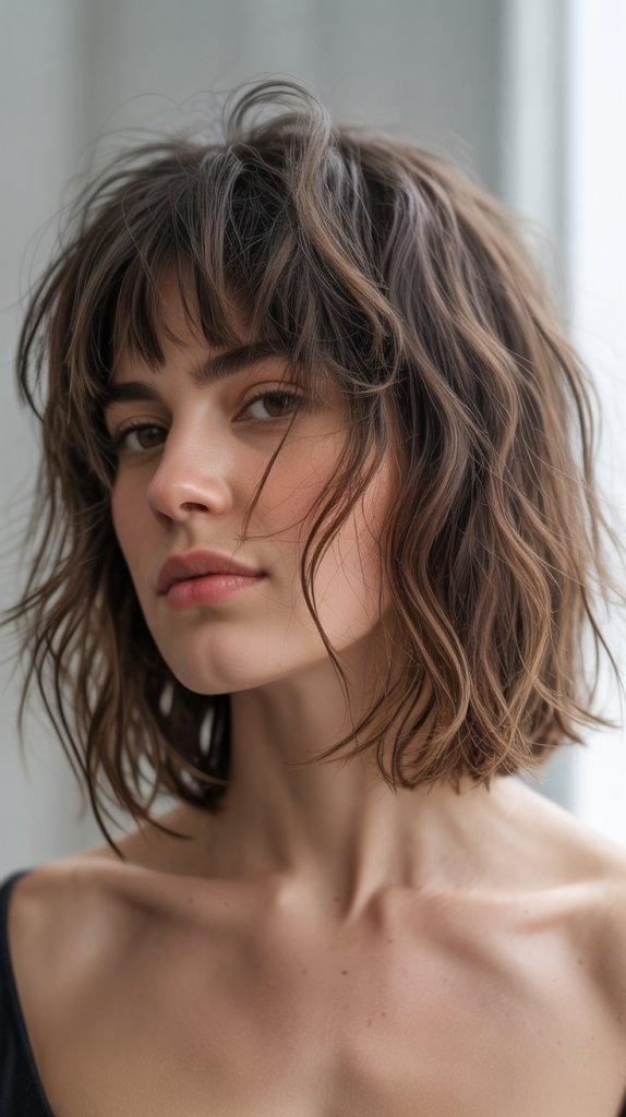 Tousled Long Bob with Messy Curtain Bangs