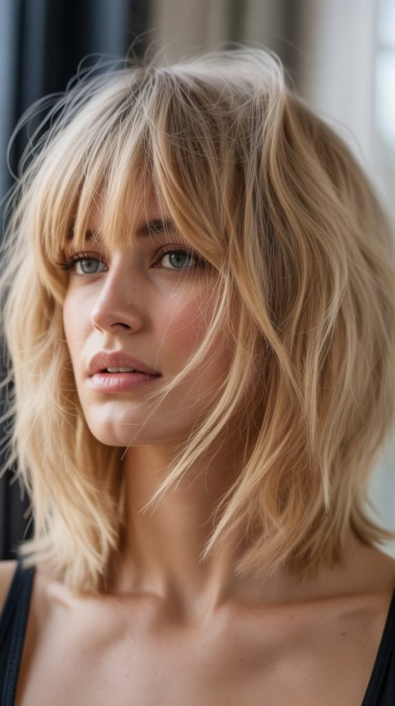 Sandy Blonde Shaggy Bob with Choppy Curtain Bangs