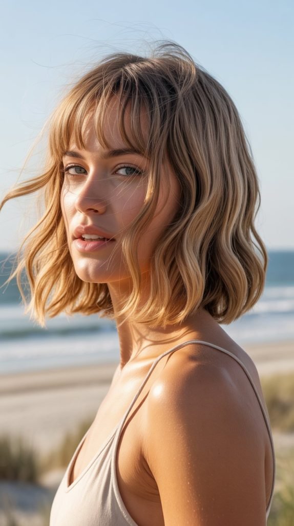 10. Long Bob with Curtain Bangs and Beach Waves