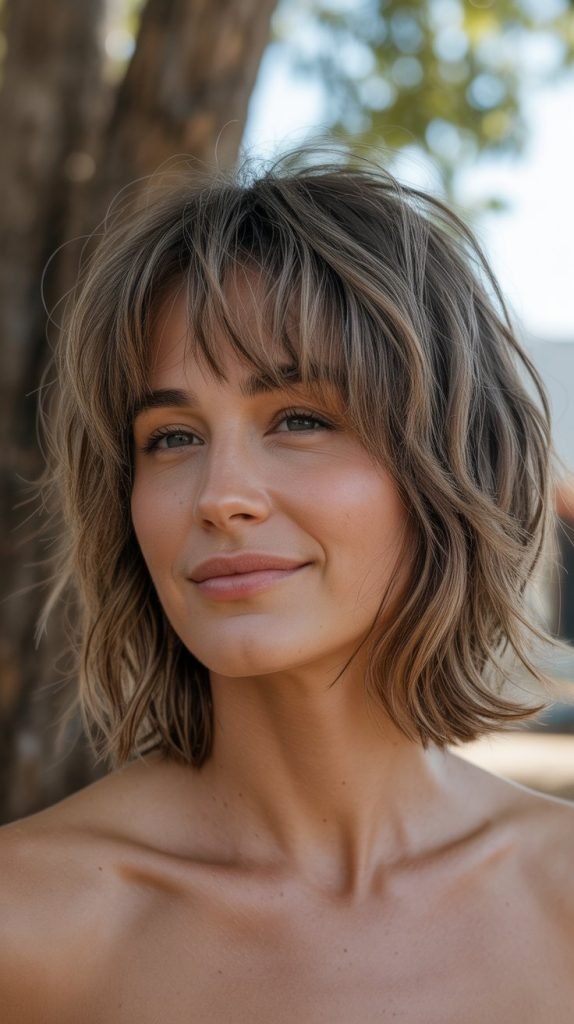 17. Messy Long Bob with Textured Bangs