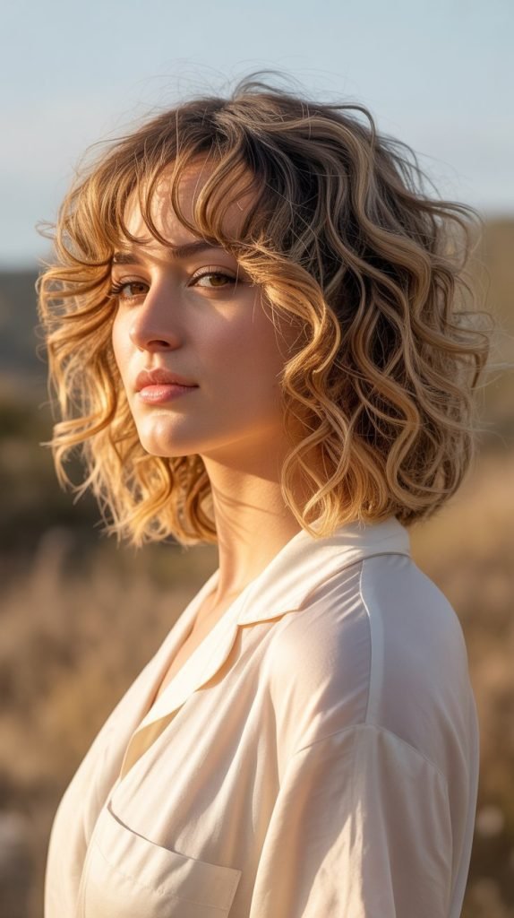4. Honey Blonde Curly Bob with Curtain Bangs