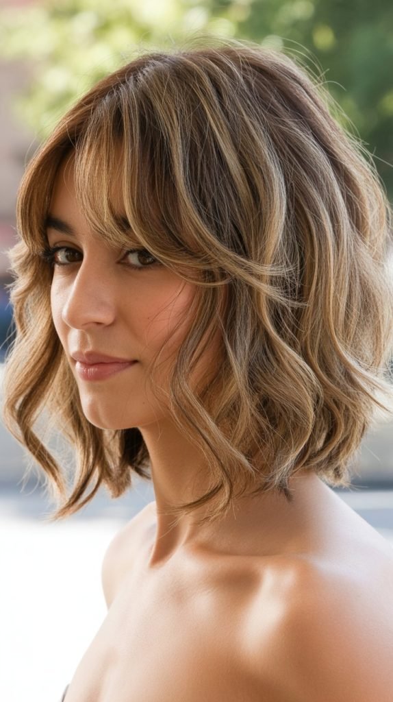 2. Textured Long Bob with Wispy Curtain Bangs