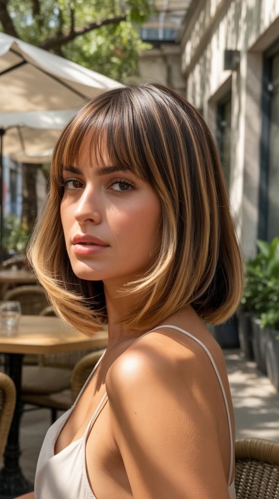 7. Long Bob with Curtain Bangs and Subtle Highlights