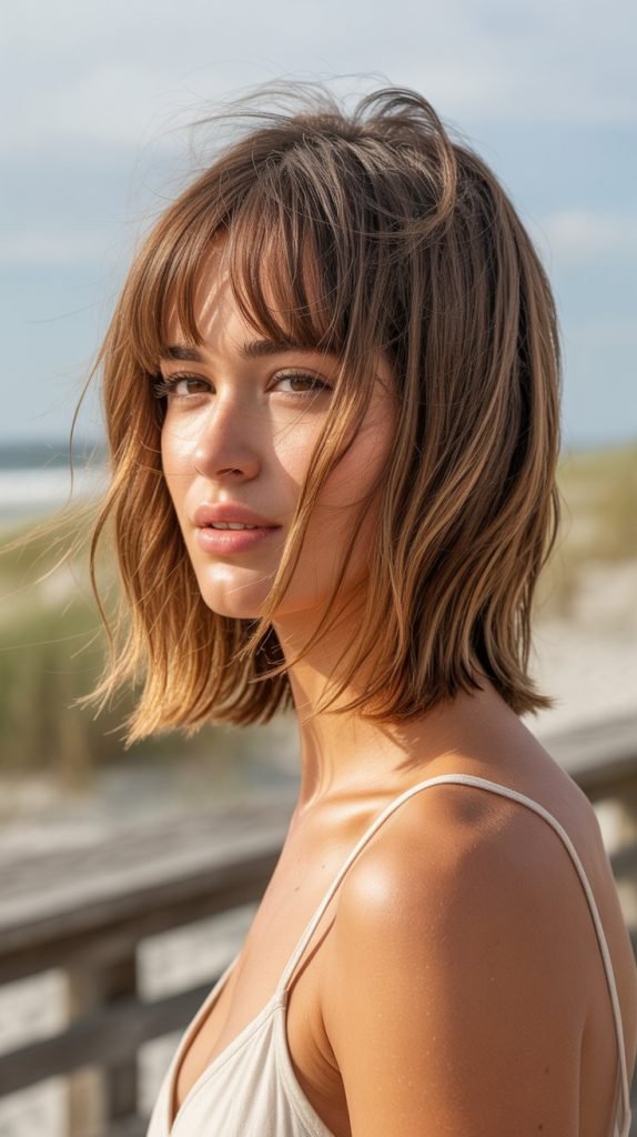 23. Beachy Long Bob with Tousled Curtain Bangs