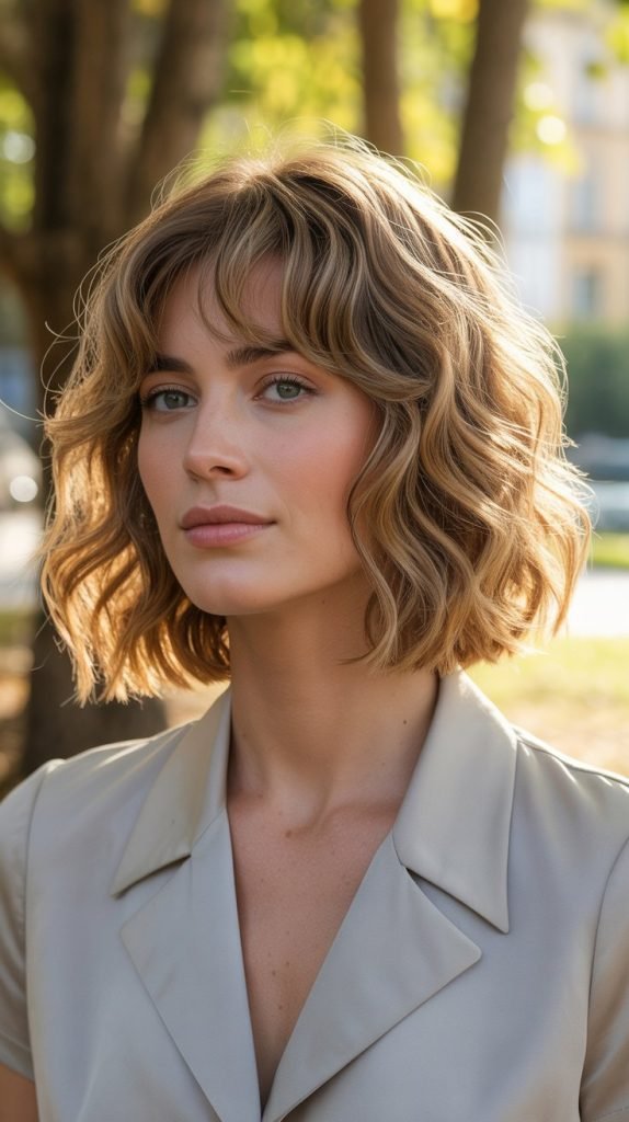 2. Textured Wavy Long Bob with Soft Curtain Bangs
