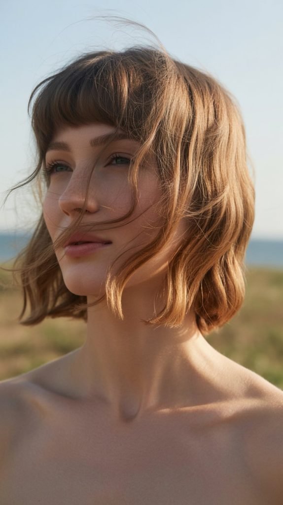 7. Wavy Long Bob with Feathered Bangs