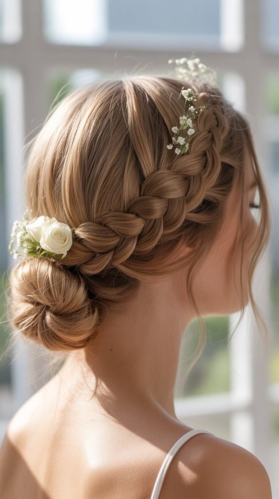 10. Halo Braid with Low Bun