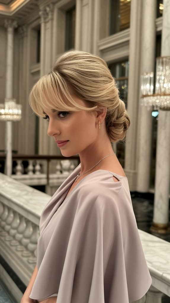 23. Stacked Twist Updo with Side Fringe