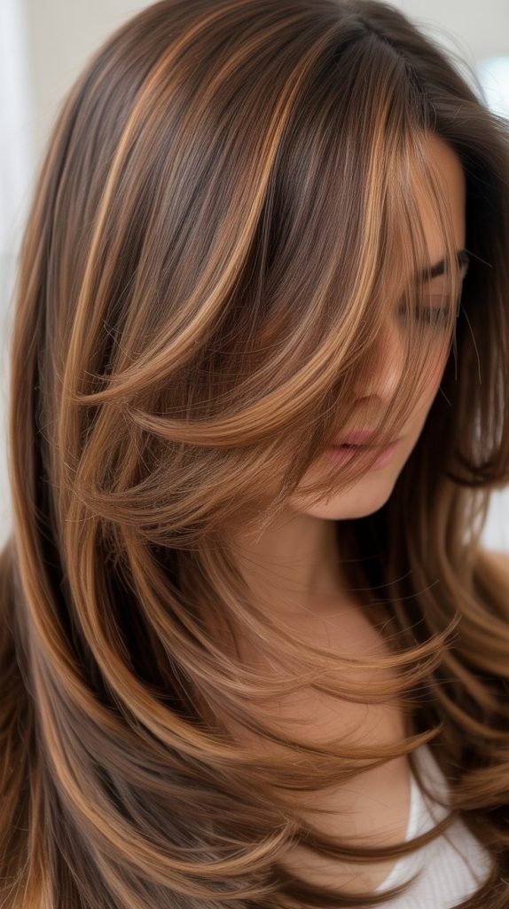 Caramel Highlights on Razor-Cut Layered Hair