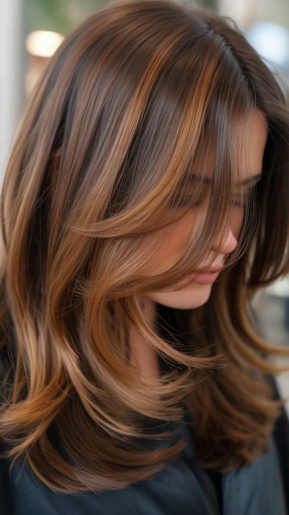 Caramel Peekaboo Highlights in Layered Brown Hair