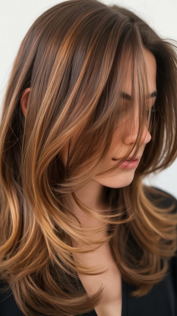  Caramel Highlights on Layered Hair with Face-Framing Pieces