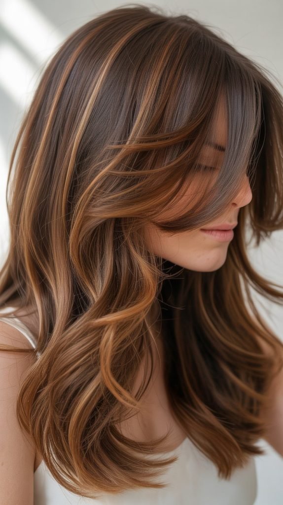 19. Caramel Highlights on Layered Brunette Hair