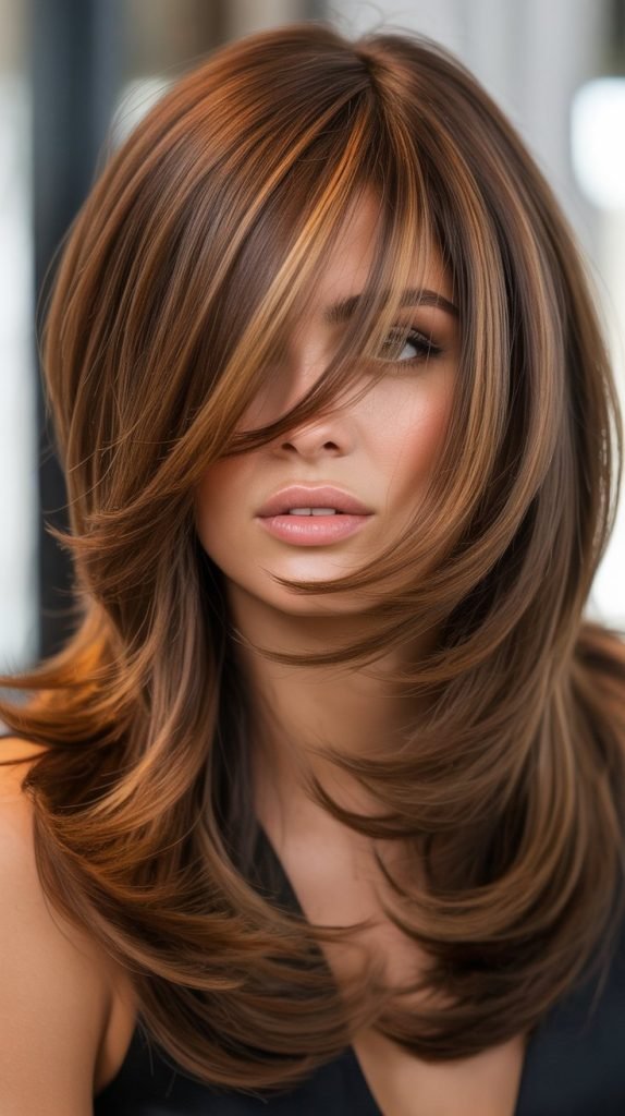  Caramel Highlights with Long Side-Swept Bangs