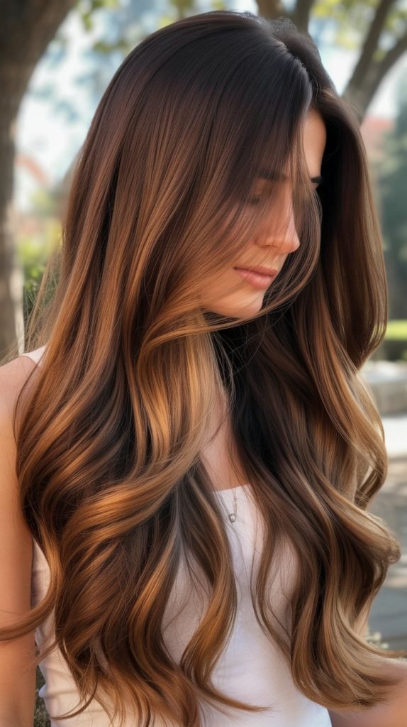 2. Caramel Balayage on Chocolate Brown