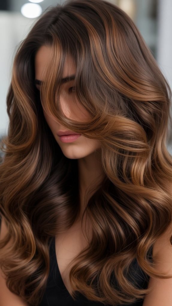 16. Bold Caramel Highlights on Thick Brunette Hair