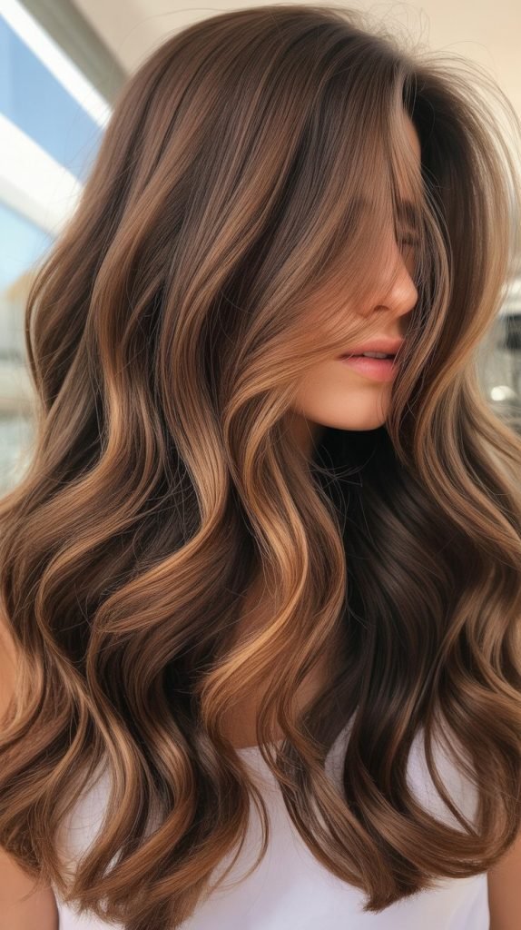  Caramel Highlights on Wavy Layered Brown Hair