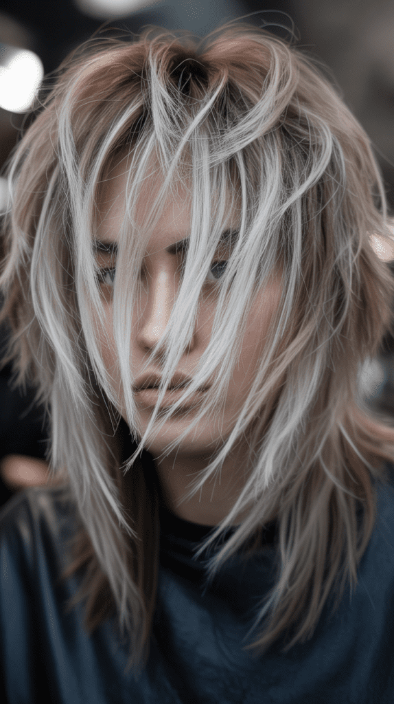 Icy Blonde Highlights on Shaggy Layers