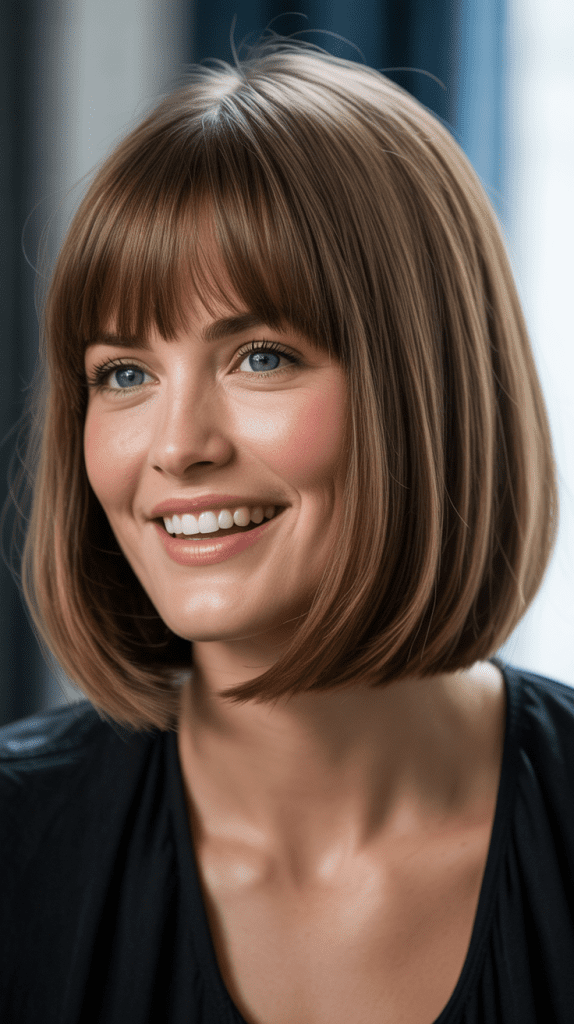 Long Bob with Curtain Bangs for Round Faces