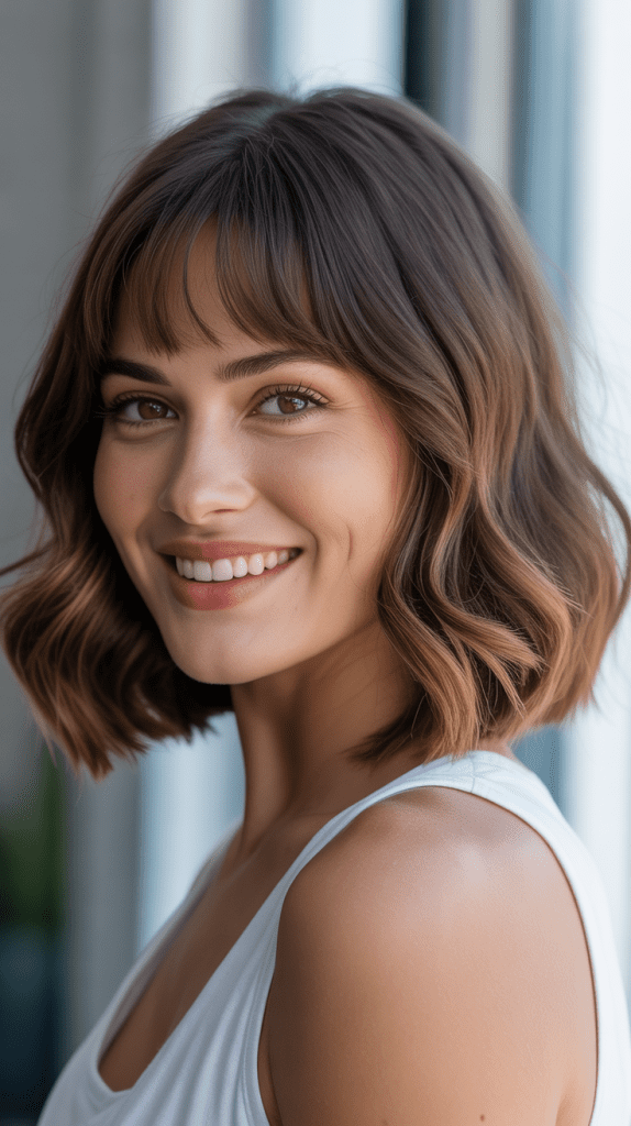 Long Bob with Curtain Bangs for Square Faces