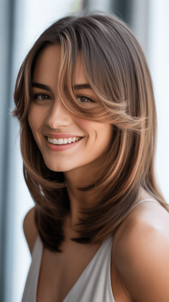 Long Bob with Side Part and Swept Curtain Bangs