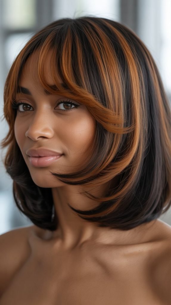 34. Long Bob with Curtain Bangs and Caramel Lowlights