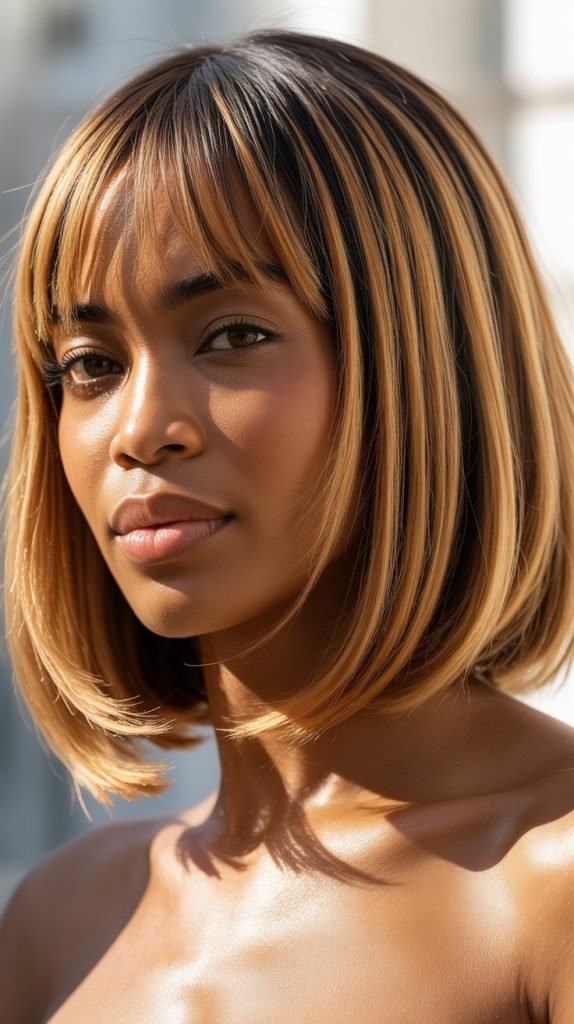 Long Bob with Curtain Bangs and Highlights