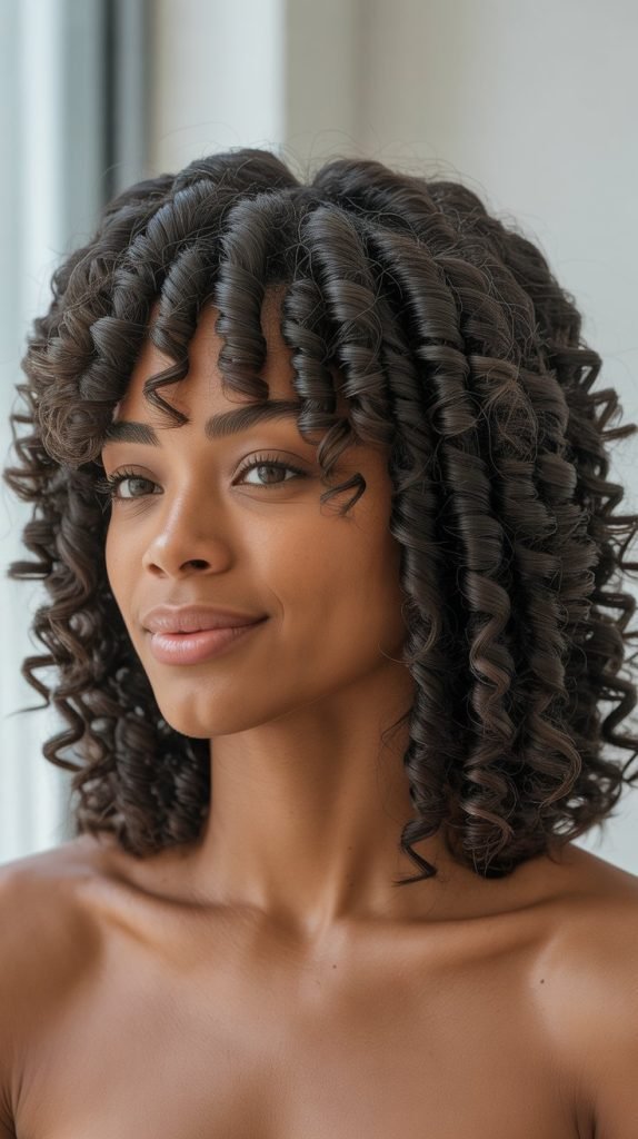 22. Natural Long Bob with Bantu Knot-Out Texture and Curtain Bangs