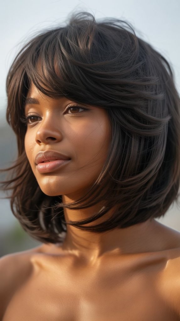 Textured Long Bob with Feathered Curtain Bangs