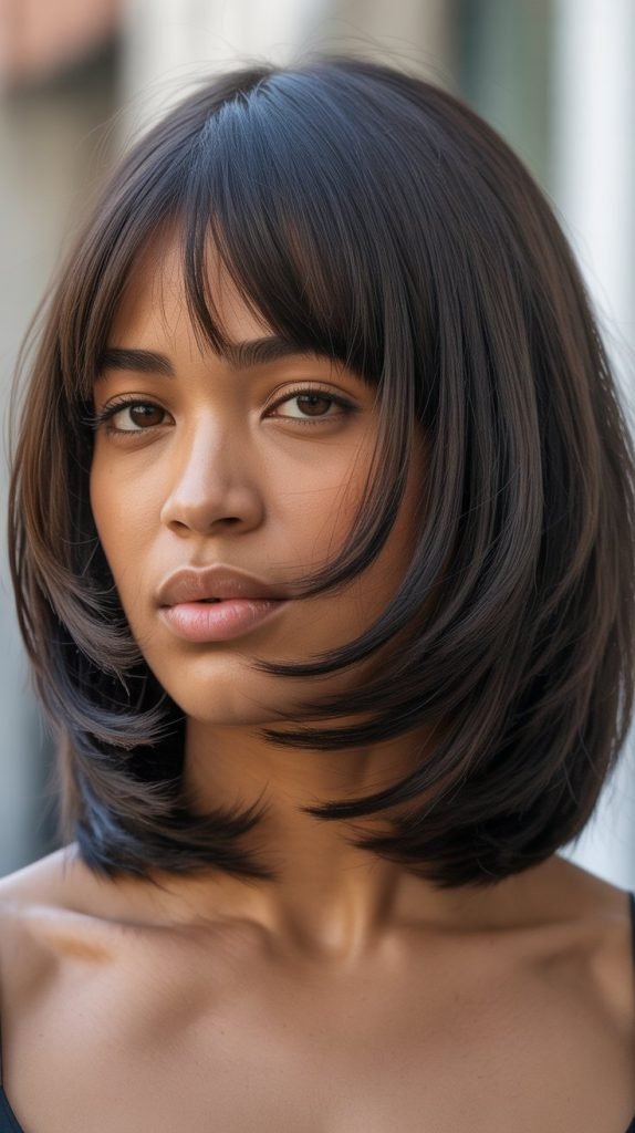30. Long Bob with Curtain Bangs for Square Faces