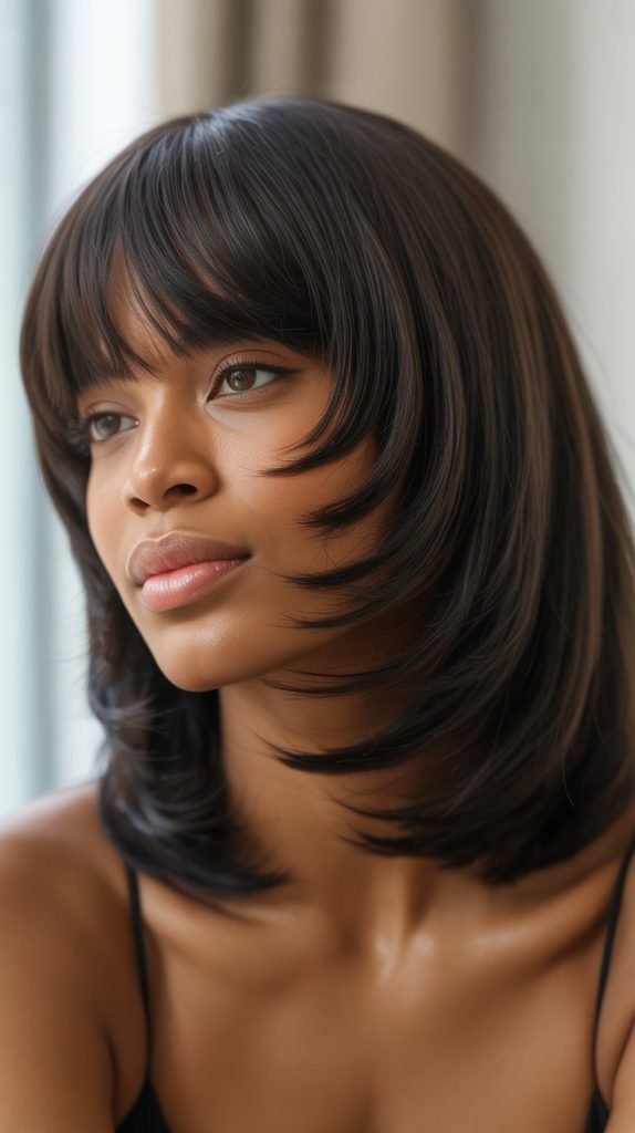 Long Bob with Face-Framing Layers and Curtain Bangs
