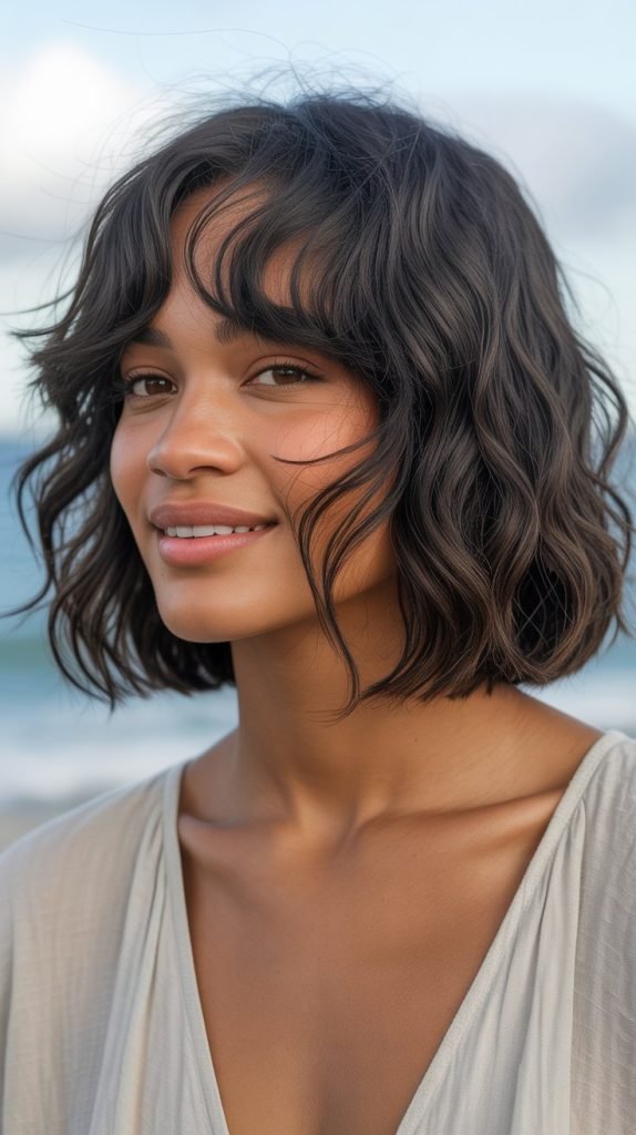 20. Long Bob with Wispy Curtain Bangs and Beachy Waves