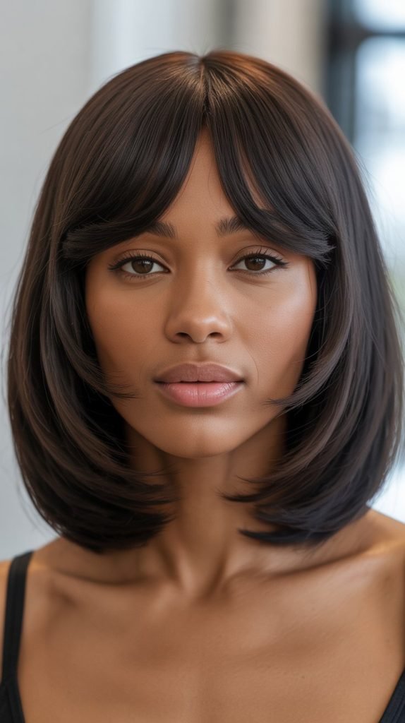 28. Long Bob with Curtain Bangs for Oval Faces