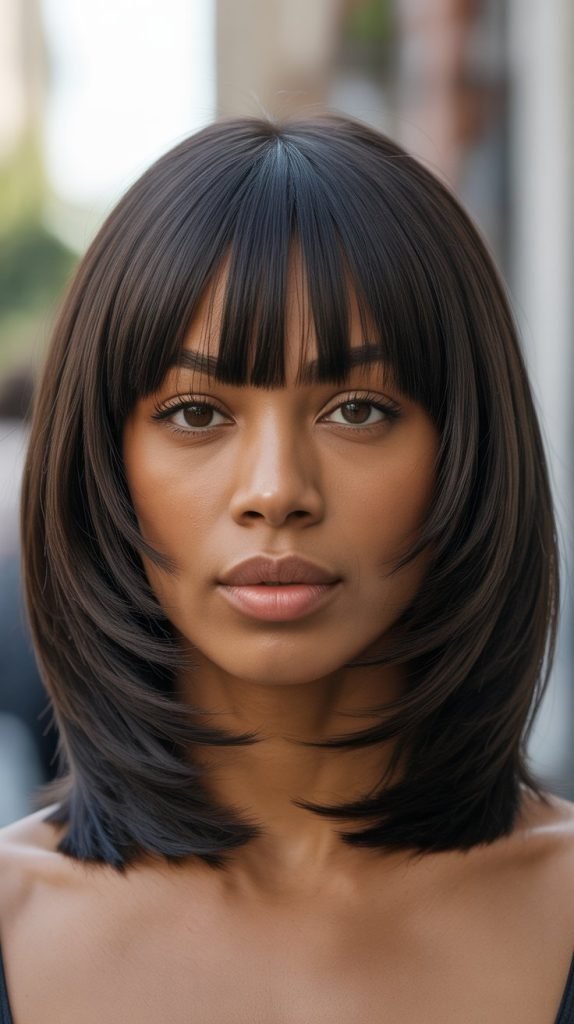 Layered Long Bob with Blunt Curtain Bangs