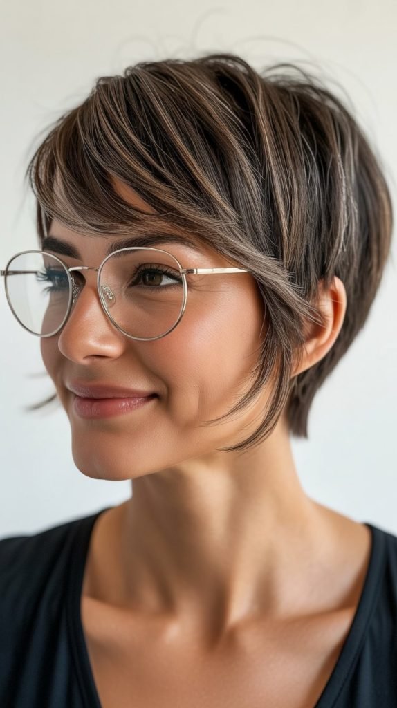 Realistic photo of a woman with a pixie-bob hybrid haircut wearing versatile eyeglasses, showing the length variation from back to front, styled to highlight the transitional nature