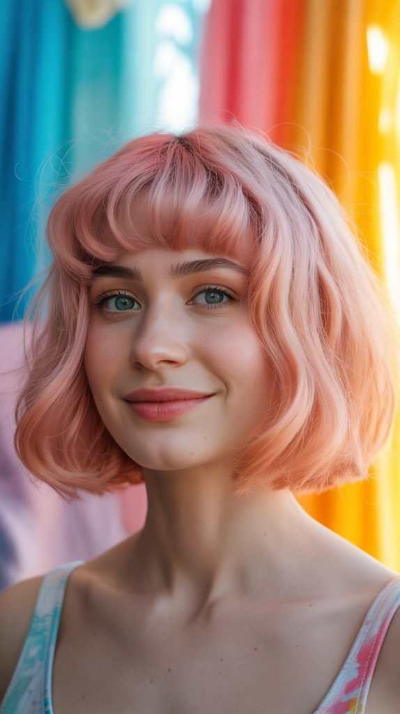 22. Pastel Long Bob with Playful Curtain Bangs