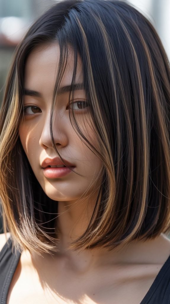 24. Long Bob with Curtain Bangs and Babylights